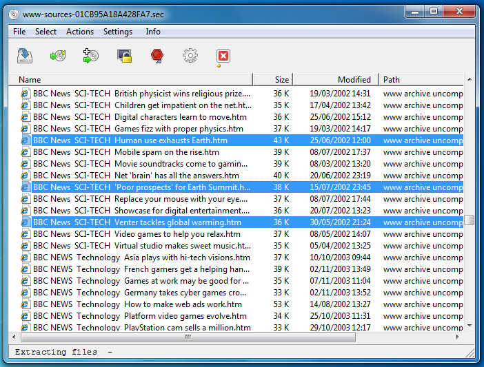 Screenshot: archive manager - selected items