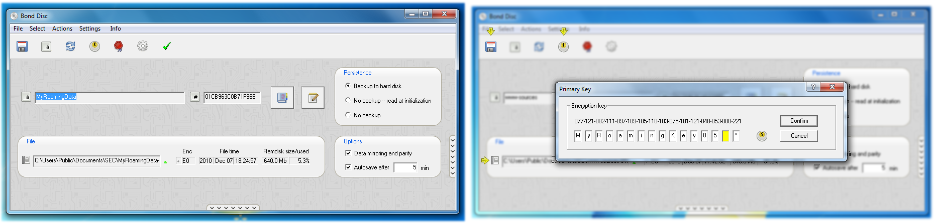 Screenshot: roaming key and backup