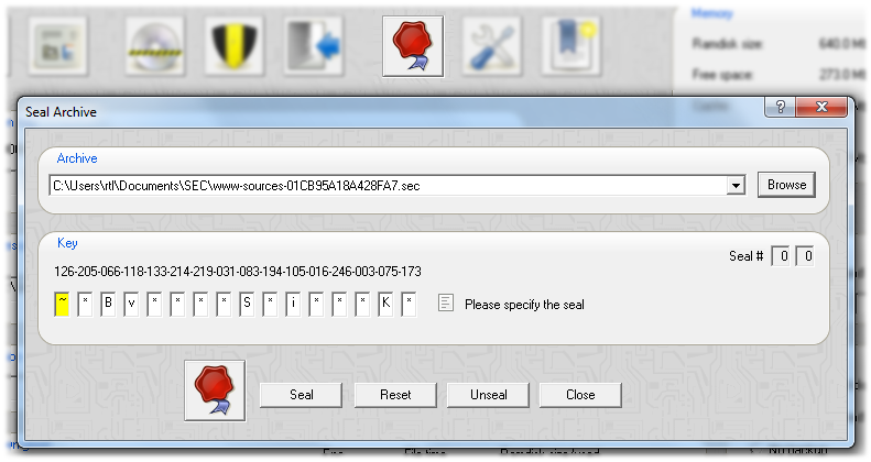 Screenshot: seal button and dialog