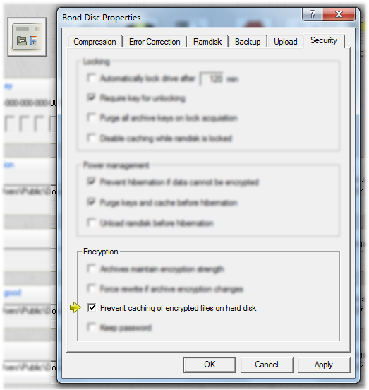 Screenshot: security options, cache items on ramdisk only