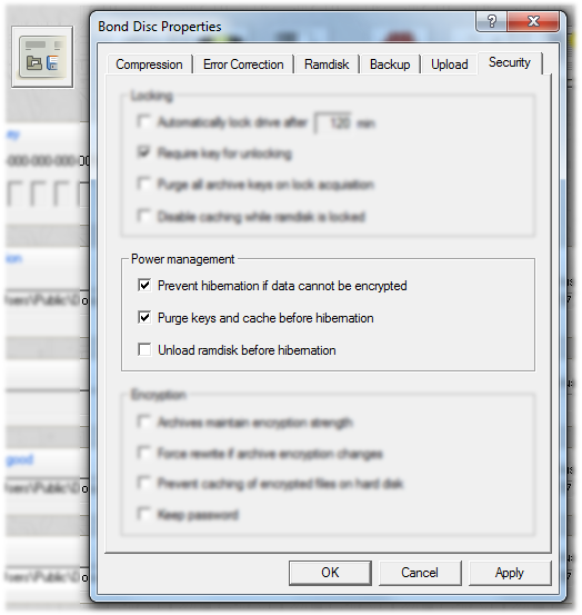 Screenshot: security options, power management